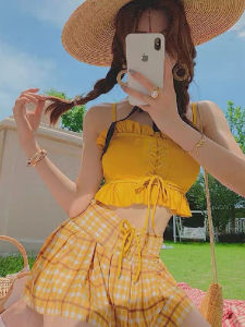 Cute Fresh Style High Waist Bikini Separate Swimwear with Plaid Skirt Design Covers Belly Ideal for Students Slimming Effect