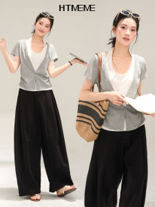 HTMEME | Áo Thun V-neck Không Tay Hai Mảnh Ảo Giác Trắng Đáng Yêu