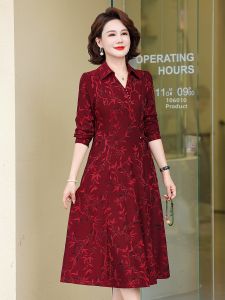 Elegant Mid-Aged Womens Autumn Dress Long Sleeve Cheongsam Style Midi Dress Korean Version Slim Fit Polyester Fiber Dress