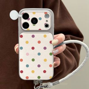 Black Polka Dot Seconds Change 17 Leather Phone Case For iPhone 17 16 15 14 13 12 11 Pro Max Large Window Cover With Lanyard