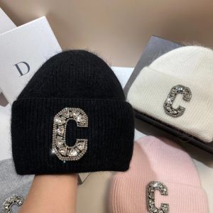Luxury Rhinestone Letter C Knitted Hat Real Rabbit Fur Women Men Winter Warm Beanie Ear Protection Sking Skullies Beanies Cap