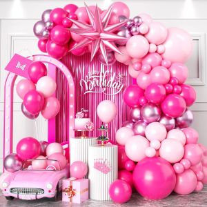 117 Pieces Rose Pink Balloon Arch Set with Exploding Star Aluminum Film Balloons Suitable for Wedding Birthday Theme Events Etc