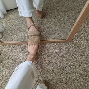 สไตล์เกาหลี  ผู้หญิง รองเท้า พรางหุ่น ก้นแบนแบบสวม Mary Janes ผ้าลินิน Anti-Odor Square Head Single สายคล้อง รองเท้า