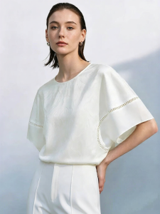 AMII | Guofeng Round Neck Hollow Out Lace Tape Patchwork Bat Sleeve Jacquard Chiffon Top