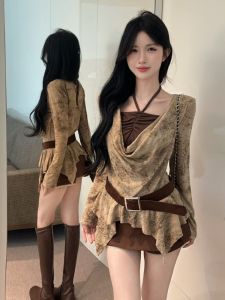 GUZILIAN | Retro Dye-Effect Two-Piece Drop Shoulder Long Sleeve T-Shirt