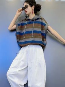 Summer Striped Hooded Drawstring T-Shirt