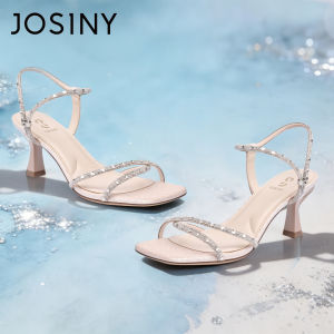 Josiny | Crystal-decorated Square Toe French Style Ankle-strap Heeled Sandals