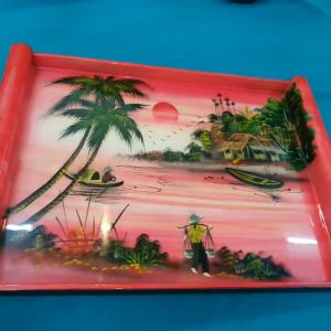 Khay sơn mài cao cấp Thanh Bình Lê KC80 vẽ đồng quê  size 43x30x4 cm đẹp mắt sang trọng quà tặng ý nghĩa