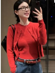Red Knitted Sweater Coat Womens Spring Autumn High Sensation Outerwear Small Size with Strap Two Piece Set Top Quality Fashion