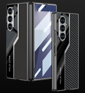 เคสป้องกันหน้าจอในตัวคาร์บอนไฟเบอร์พรีเมี่ยมหนัง PU แบบแข็งกันกระแทกกรอบเคสสำหรับ Samsung Galaxy โทรศัพท์พับได้7เคสพับ6ชิ้น