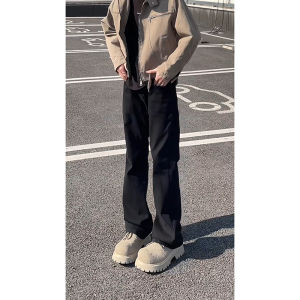 Black Cleanfit Micro Flare Jeans Men Slimming Leg Lengthening High Street Straight Leg Long Pants mid Low Waist Zipper Closure