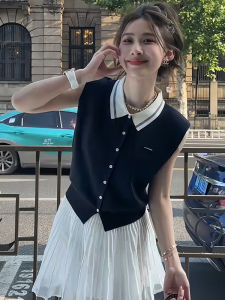 BINKAFENNY | Slim Fit Polo Neck Knitted Open Cardigan In Dark Blue For Women Summer Unique Beautiful Sleeveless Top Korean Style Commute Fashion