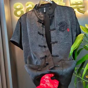 Summer New Style Mens Casual Fashion Short Sleeve Shirt Embroidered Buttoned Tang Costume Lightweight Iron-free Slim Fit