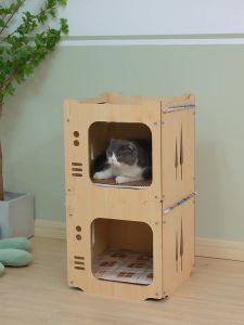 MeowLo Wooden block combination cat house free mattress & hammock  sangkar kucing 猫屋猫抓板送垫子原木色