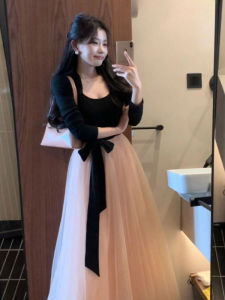 CHANGTONG | Elegant Rich Look Spring Sleeveless Contrast Waist Cinched Dress
