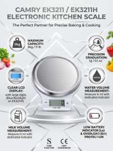 CAMRY Electronic Kitchen Scale EK3211 / EK3211H Digital Food Scale with 5kg capacity precision gradation clear LCD display water and milk volume measurement low battery and overload protection.