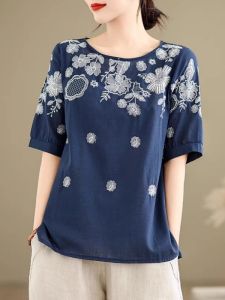 WANGGONGZHU | Retro Embroidered Short Sleeve T-Shirt Womens Summer New Style Thin Cotton Linen Artistic Top Princess Style Korean Commute
