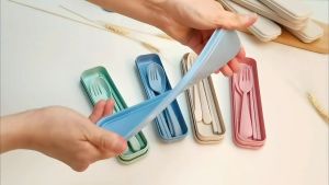 3in1 Cutlery Set Wheat Spoon Fork Chopsticks with Organizer Box Reusable Tableware / Set Peralatan Makanan