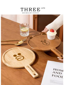 Tlife Warm Creative Wooden Plate Cartoon Cute Handle Dish Home Use Japanese Style Handmade Wood Tray Serving Plate