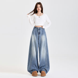 High Waist Wide Leg Blue Washed Denim Jeans Womens Loose Fit Casual Style Floor Length Trousers Trendy Fashion Jeans