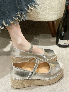 Silver Mary Jane Shoes Womens Genuine Leather New Arrival Straw Woven Platform Small Height Increasing Skinny Tall Slim Fit