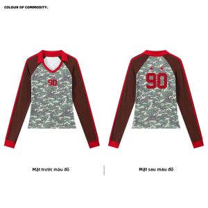 JNXS | Áo Thun Dài Tay Ôm Sơ Mi Camouflage Cổ V