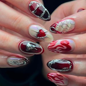 3D fake nails for Valentines day red black heart golden silver gilding frame star full cover Almond tips press on false nail