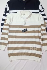 Baju Rajut Wanita Resleting Setrip Zipper Keras Tinggi Turtleneck Tangan Panjang Garis Garis Belang