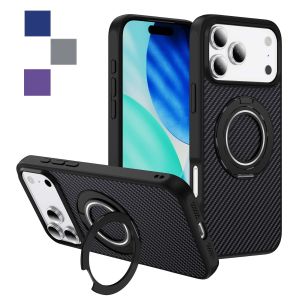 Designed for iPhone 17 Pro max 16 15 14 13 12 Case with 360° Magnetic Stand Carbon Fiber Phone Case [Compatible with Magnetic] [15FT Military Protection] with Stand Ring Black