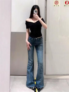 American Retro High Waist Bell Bottom Jeans Womens Stretchy Slim Fit Spring Long Floor Length Pants Deep Blue Washed Process