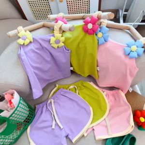 Bộ quần áo bé gái cotton QC đính hoa