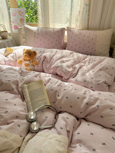 Princess Style Bedding Set Butterfly Knot Washed Cotton Lace Trimmed Three Piece Student Bedding Quilt Cover Four Piece Set