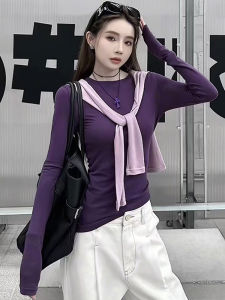 เสื้อยืดแขนยาวสีม่วงทรงเข้ารูปสำหรับผู้หญิง เสื้อชั้นในฤดูใบไม้ร่วง คอลเลกชันแฟชั่น เสื้อเชิ้ตคอปกสูงแบบลำลอง