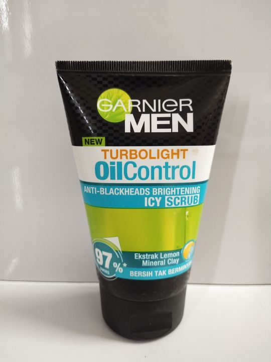 Garnier Men Facial Scrub  100ml Anti Blackheads Brightening Exstrak lemon mineral Clay 97% bersih tak berminyak