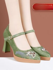 Aumanlin Thick Heel Chinese Style High Heel Embroidered Shoe New National Trend One-Strap Closure Matched with Qipao And Ma Face Skirt
