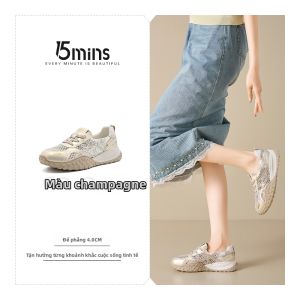 15MINS | Giày Thể Thao Nâng Cao Đế Bằng Hạt Kim Tinh Bạc Màng Lưới Thoáng Khí