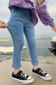 Spring Autumn Denim Jeans Slim Fit Elastic Baby Girls Fashionable Korean Style High Waist Cotton Long Pants No Brand