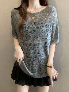 Hollow Out Ice Silk Slimming Transparent Women T-shirts Oversized