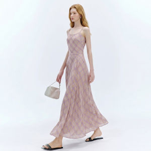 Womens Purple Long Sleeveless Summer Dress Slim Fit Vintage Plaid