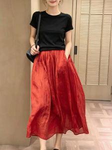 MANMI | Chân Váy Xòe A-Line Dài Cao Waisted Lỏng Red Tulle