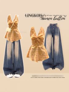 NUMEN BUTTON | Large Size Retro Korean Style Set Dopamine Plaid Short Sleeve Shirt Skinny Jeans