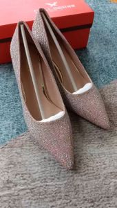 ẢNH THẬT / KEM / QCCC - Giày Cao Gót Mũi Nhọn Đính Đá Gót Guốc 5 Phân - HÀNG QUẢNG CHÂU CAO CẤP 6518