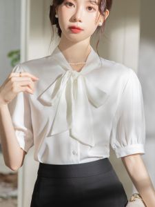 Áo Sơ Mi Satin Tay Ngắn Mùa Hè Cho Nữ Có Nơ Bướm Phong Cách Pháp Màu Trắng Chuyên Nghiệp Phong Cách Công Sở Trang Phục Công Sở