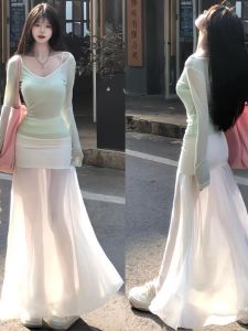 กระโปรงจีบผ้าตาข่ายผู้หญิงฤดูร้อน กระโปรงสั้นชายหาด กระโปรงผ้าไนลอน กระโปรงสั้นผู้หญิง สไตล์วันหยุด กระโปรงสั้นกระชับสัดส่วน สีขาว