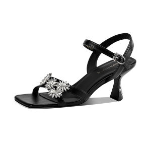 JESSICA SOPHIA | Black Thin Heel Square Toe Crystal Flower Summer Office Comfortable Shoes