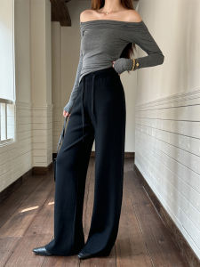 High Waist Straight Leg Knitted Slimming Casual Pants Womens Small Size Draping Floor-Length Trousers Light Fabric Tone