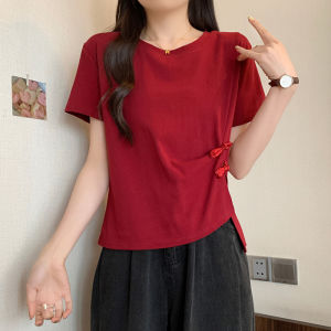 Plus Size Stylish Chinese Button Knots Shoulder Short Sleeve T-Shirt Womens Summer Plus Size Ladies Fashion Irregularly Slimming Bottoming Shirt