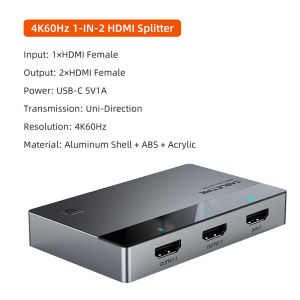 Cabletimes | CABLETIME HDMI Splitter 1 IN 2 Out 4K 60Hz LED Light Screen Splitter for HDTV Computer Monitor Switch PS5 Xiaomi Macbook Laptop