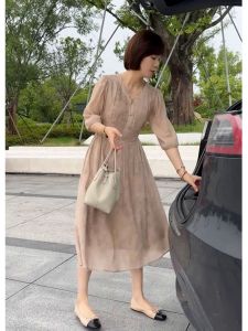Elegant Chiffon Midi Dress in Beige Color for Women Summer Season High Waist A-Line Skirt V-Neckline Polyester Fabric Seven-Sleeve