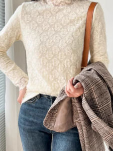 chaqi | Lace Base Shirt Womens Autumn Winter High Collar Long Sleeve Fleece Lined Slim Fit Fashionable White Top Inner Wear